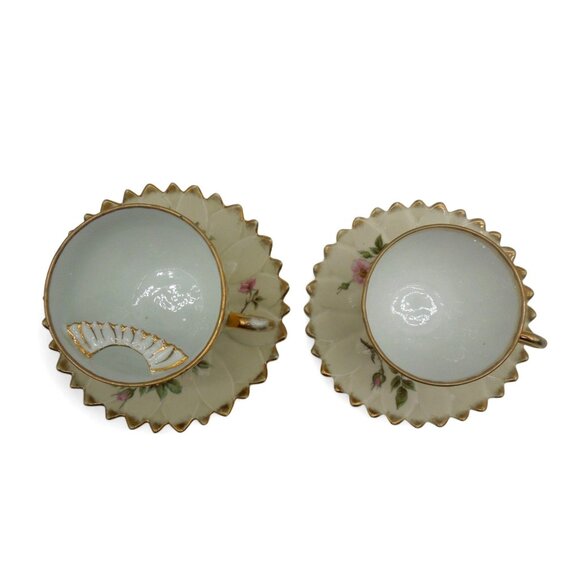 MOUSTACHE and Tea CUP with SAUCERS Delicate Floral Set with Gold Trim Vintage - Picture 5 of 15